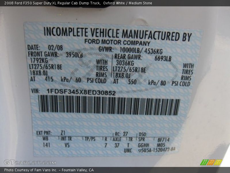 Oxford White / Medium Stone 2008 Ford F350 Super Duty XL Regular Cab Dump Truck