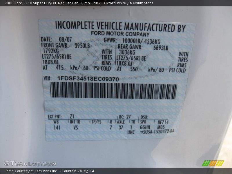 2008 F350 Super Duty XL Regular Cab Dump Truck Oxford White Color Code Z1