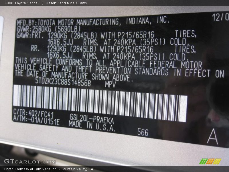 Desert Sand Mica / Fawn 2008 Toyota Sienna LE