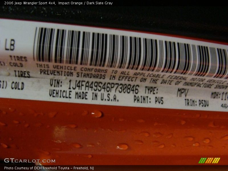 2006 Wrangler Sport 4x4 Impact Orange Color Code PV5