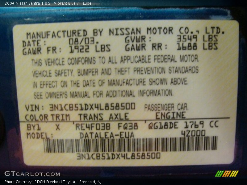 2004 Sentra 1.8 S Vibrant Blue Color Code BY1