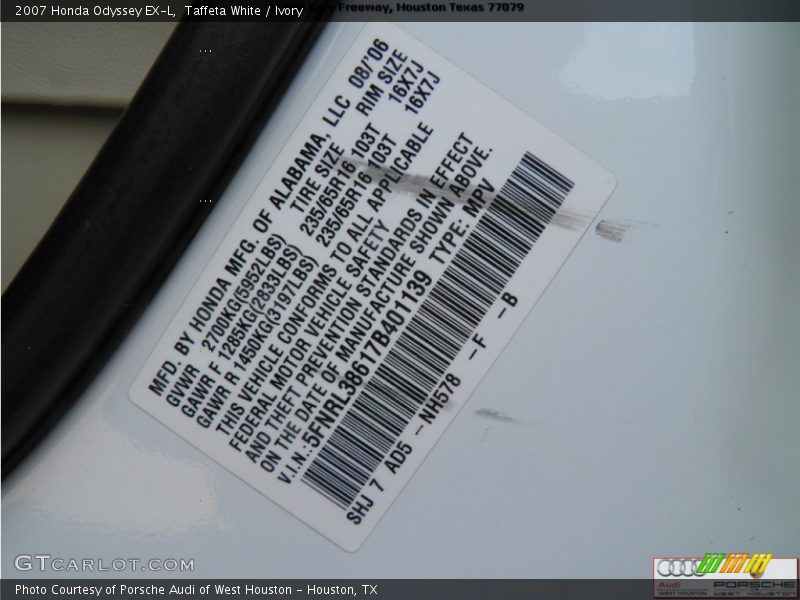 Taffeta White / Ivory 2007 Honda Odyssey EX-L