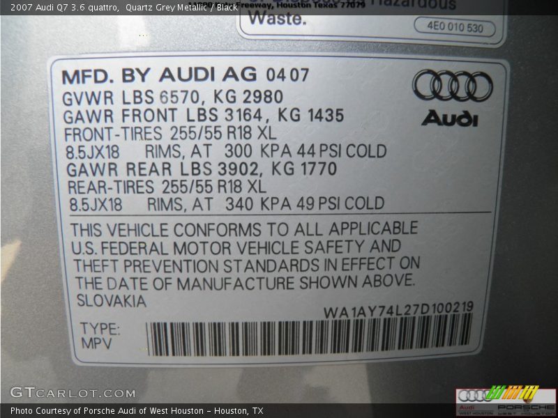 Quartz Grey Metallic / Black 2007 Audi Q7 3.6 quattro