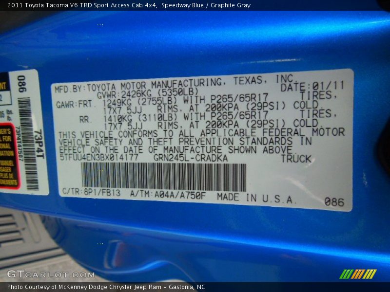 Speedway Blue / Graphite Gray 2011 Toyota Tacoma V6 TRD Sport Access Cab 4x4