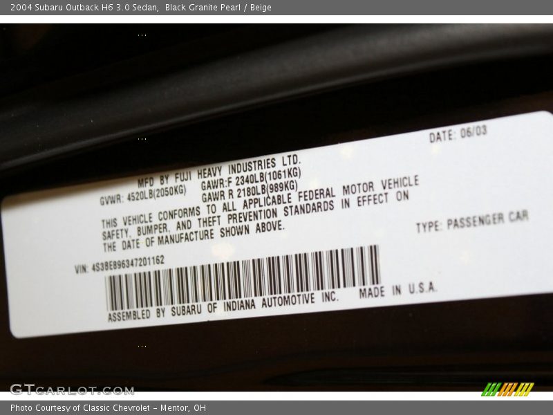 Black Granite Pearl / Beige 2004 Subaru Outback H6 3.0 Sedan