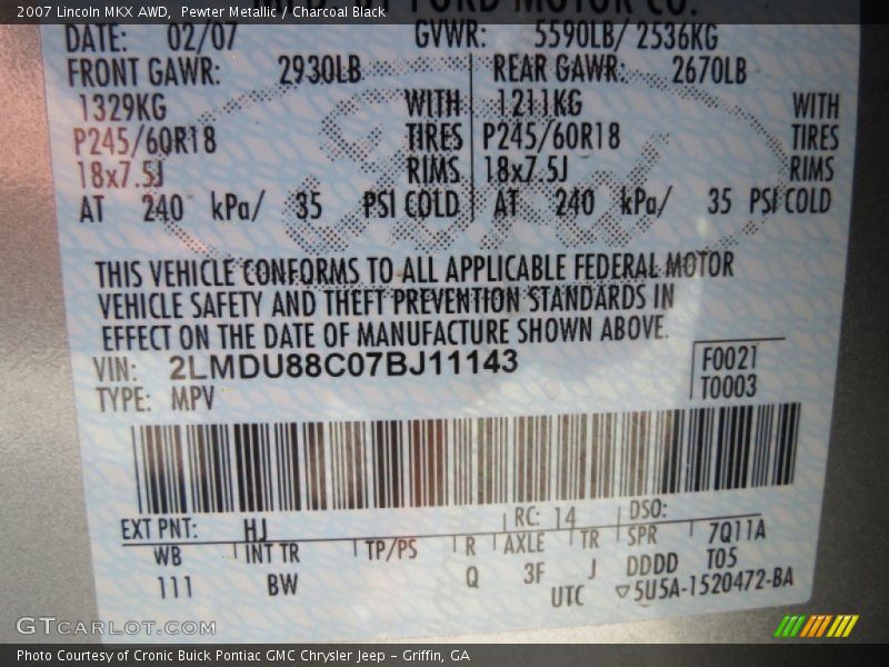 Pewter Metallic / Charcoal Black 2007 Lincoln MKX AWD