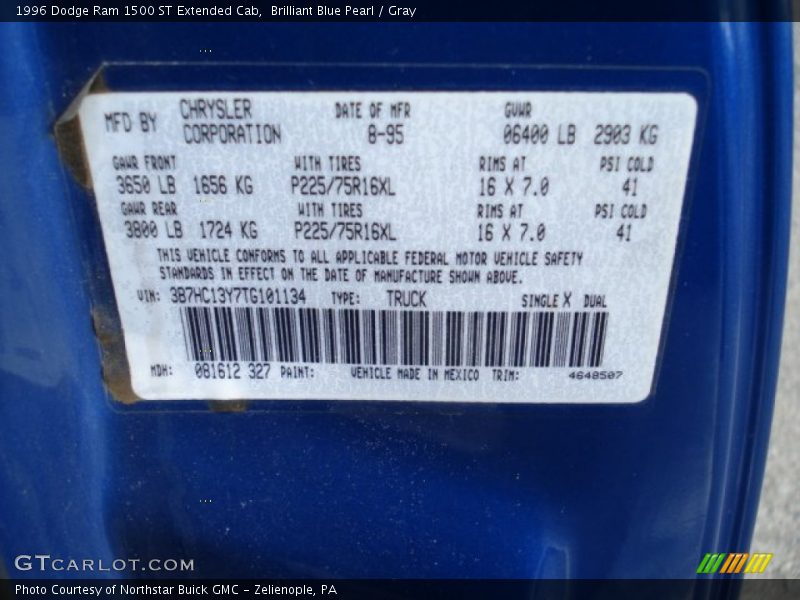 Brilliant Blue Pearl / Gray 1996 Dodge Ram 1500 ST Extended Cab