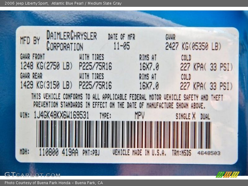 2006 Liberty Sport Atlantic Blue Pearl Color Code PBJ
