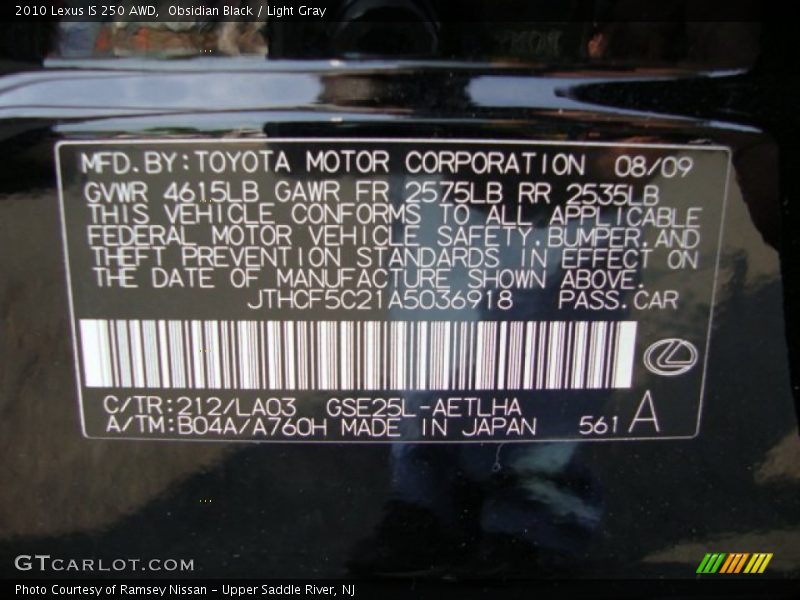Obsidian Black / Light Gray 2010 Lexus IS 250 AWD