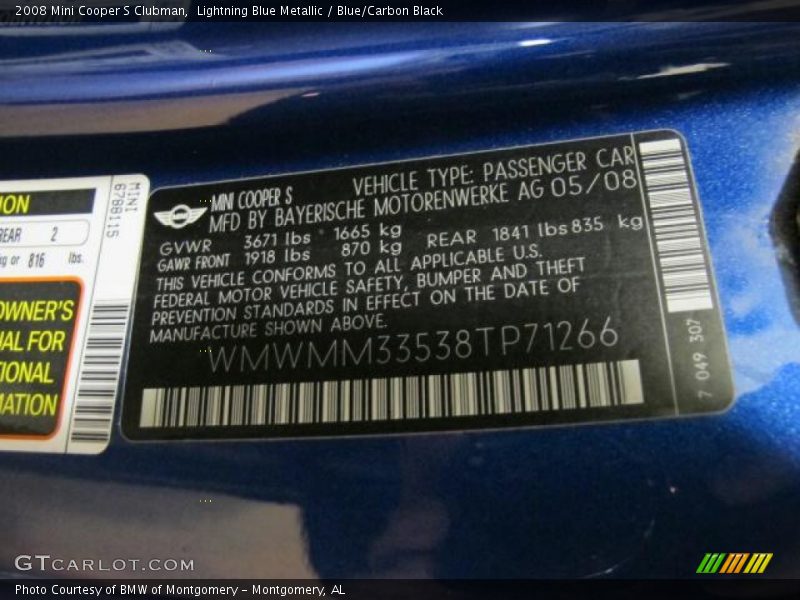 Lightning Blue Metallic / Blue/Carbon Black 2008 Mini Cooper S Clubman