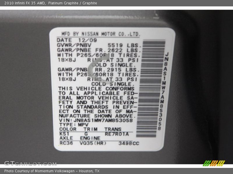 Platinum Graphite / Graphite 2010 Infiniti FX 35 AWD