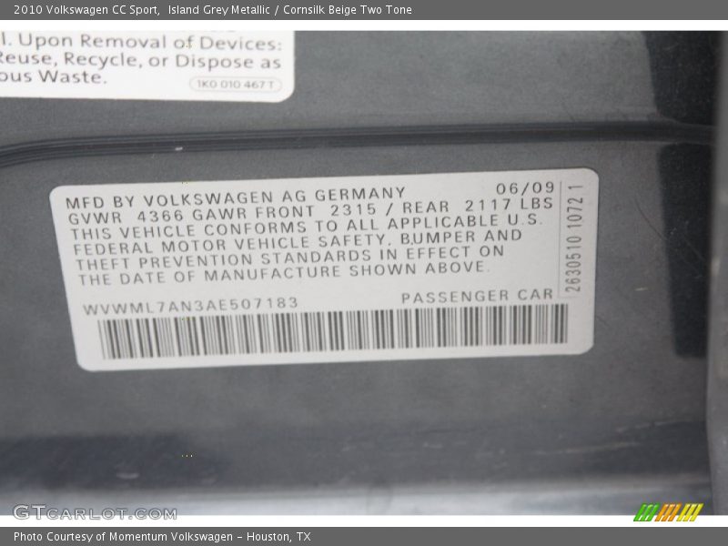 Island Grey Metallic / Cornsilk Beige Two Tone 2010 Volkswagen CC Sport
