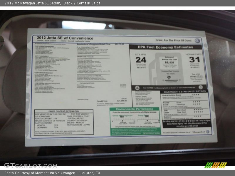 Black / Cornsilk Beige 2012 Volkswagen Jetta SE Sedan