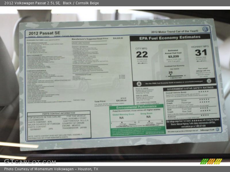 Black / Cornsilk Beige 2012 Volkswagen Passat 2.5L SE
