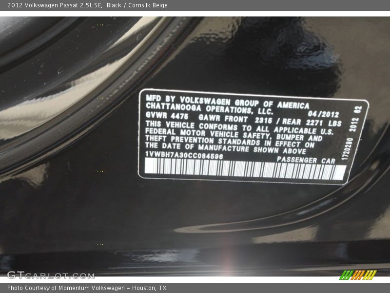 Black / Cornsilk Beige 2012 Volkswagen Passat 2.5L SE