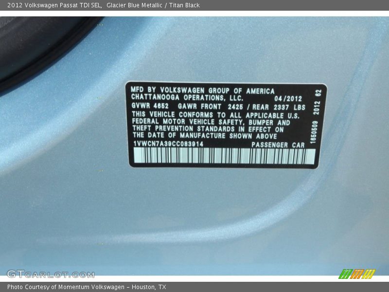 Glacier Blue Metallic / Titan Black 2012 Volkswagen Passat TDI SEL