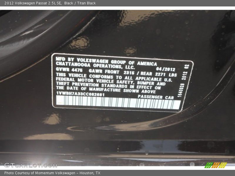 Black / Titan Black 2012 Volkswagen Passat 2.5L SE