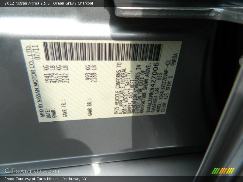 Ocean Gray / Charcoal 2012 Nissan Altima 2.5 S