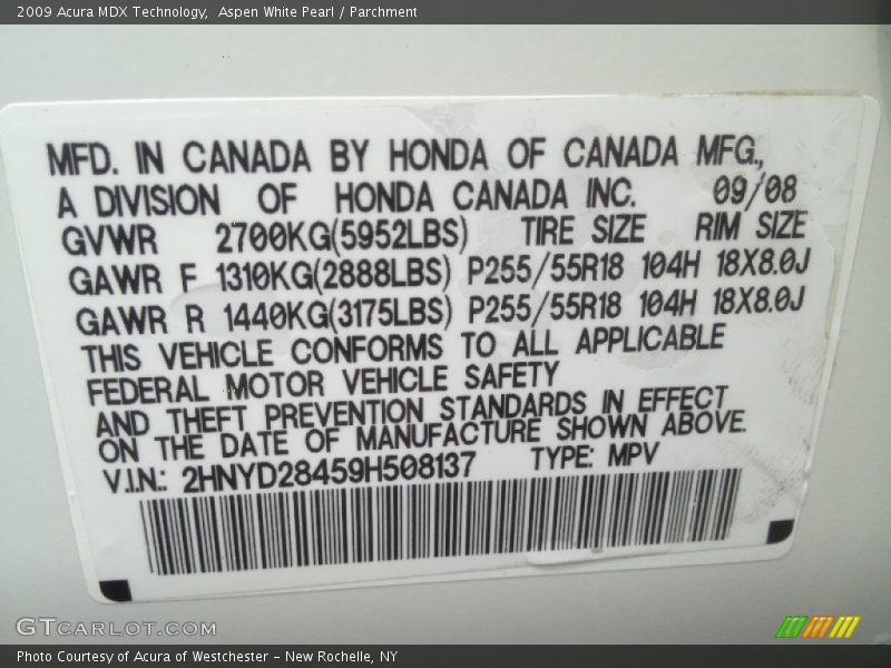 Aspen White Pearl / Parchment 2009 Acura MDX Technology