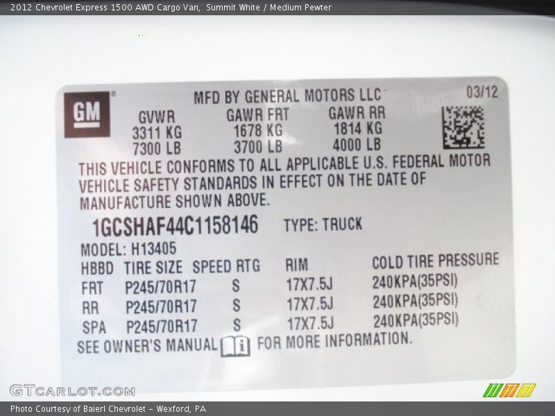Summit White / Medium Pewter 2012 Chevrolet Express 1500 AWD Cargo Van