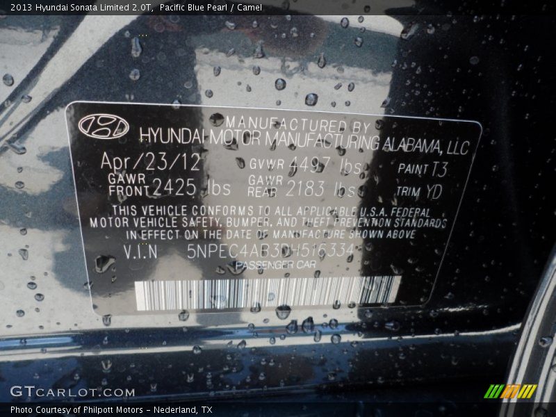 Pacific Blue Pearl / Camel 2013 Hyundai Sonata Limited 2.0T