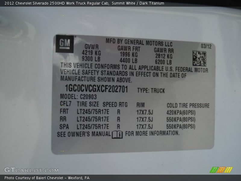 Summit White / Dark Titanium 2012 Chevrolet Silverado 2500HD Work Truck Regular Cab