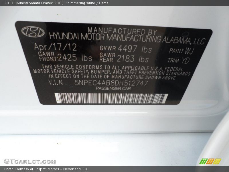 Shimmering White / Camel 2013 Hyundai Sonata Limited 2.0T