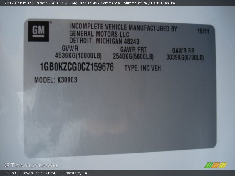 Summit White / Dark Titanium 2012 Chevrolet Silverado 3500HD WT Regular Cab 4x4 Commercial