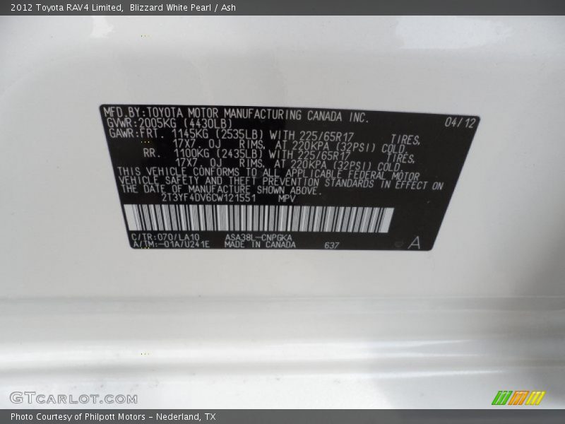 2012 RAV4 Limited Blizzard White Pearl Color Code 070