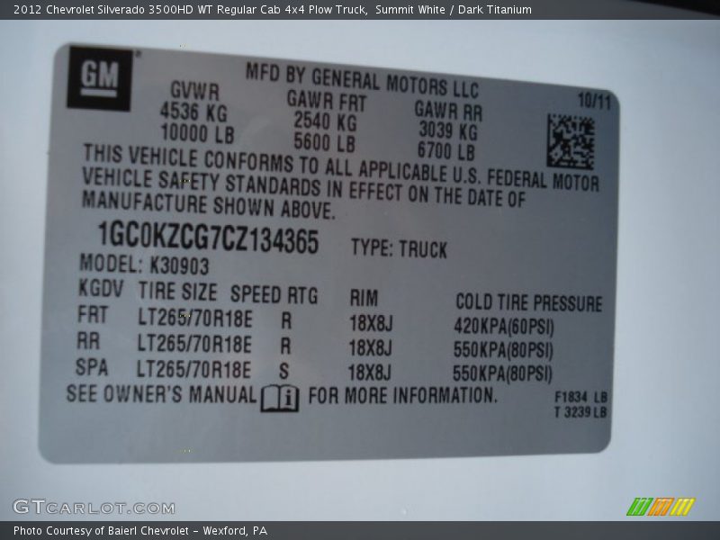 Summit White / Dark Titanium 2012 Chevrolet Silverado 3500HD WT Regular Cab 4x4 Plow Truck