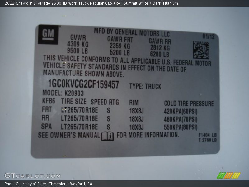 Summit White / Dark Titanium 2012 Chevrolet Silverado 2500HD Work Truck Regular Cab 4x4