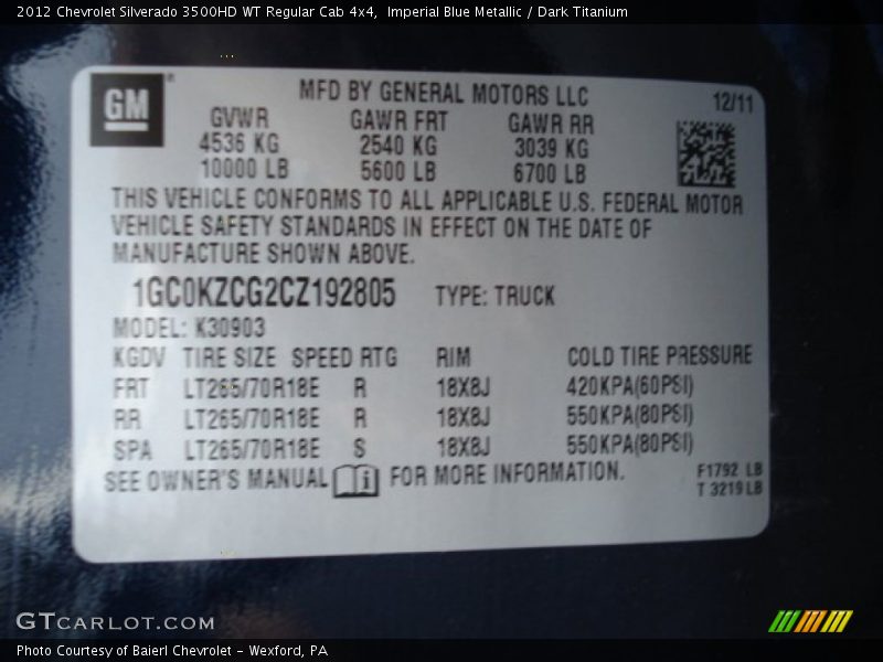 Imperial Blue Metallic / Dark Titanium 2012 Chevrolet Silverado 3500HD WT Regular Cab 4x4