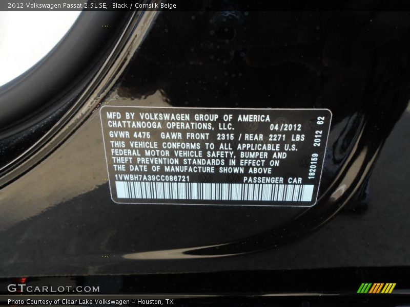Black / Cornsilk Beige 2012 Volkswagen Passat 2.5L SE