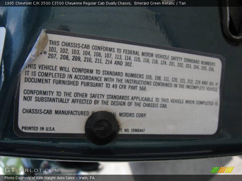 Emerald Green Metallic / Tan 1995 Chevrolet C/K 3500 C3500 Cheyenne Regular Cab Dually Chassis