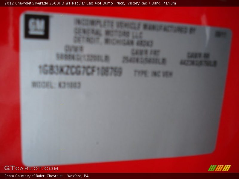 Victory Red / Dark Titanium 2012 Chevrolet Silverado 3500HD WT Regular Cab 4x4 Dump Truck