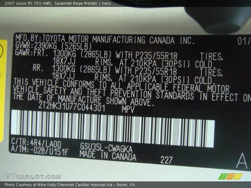 2007 RX 350 AWD Savannah Beige Metallic Color Code 4R4