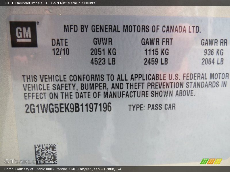 Gold Mist Metallic / Neutral 2011 Chevrolet Impala LT