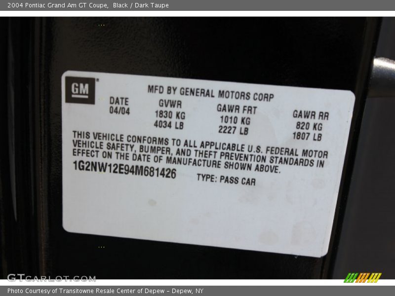 Black / Dark Taupe 2004 Pontiac Grand Am GT Coupe