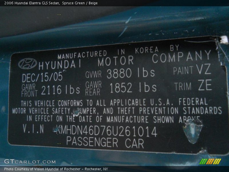 Spruce Green / Beige 2006 Hyundai Elantra GLS Sedan