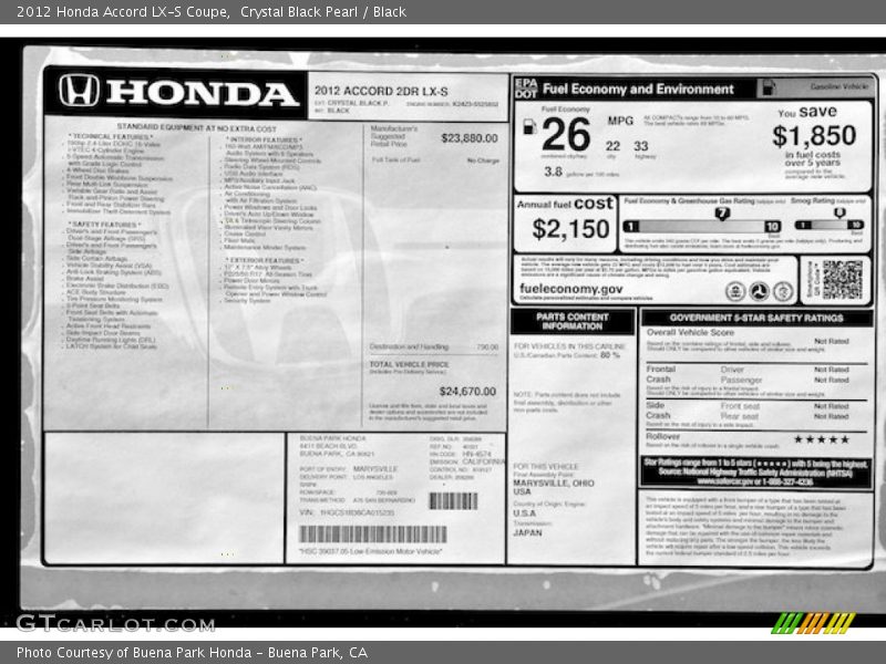 Crystal Black Pearl / Black 2012 Honda Accord LX-S Coupe