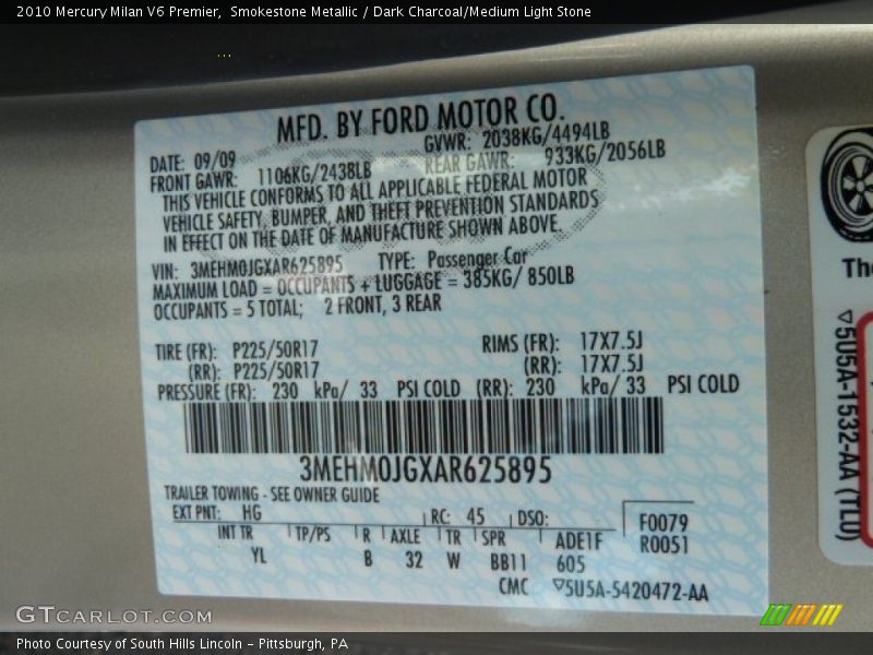 Smokestone Metallic / Dark Charcoal/Medium Light Stone 2010 Mercury Milan V6 Premier