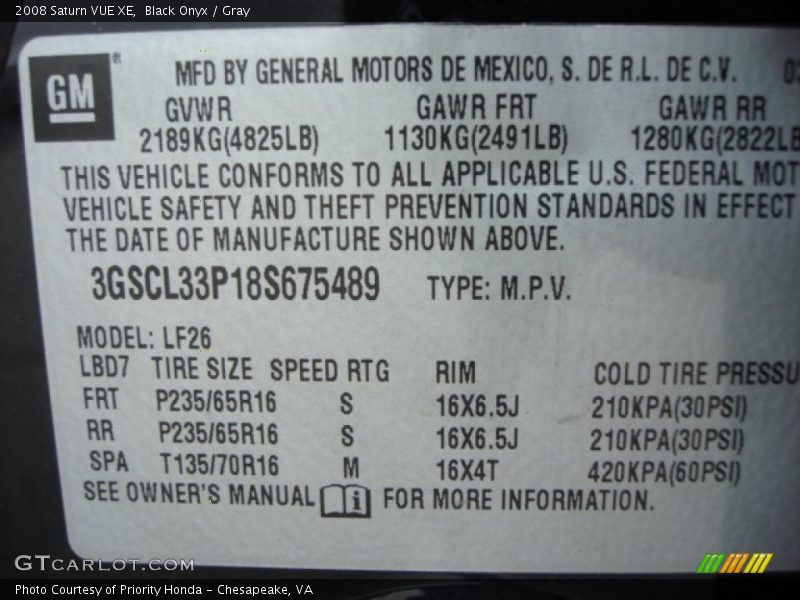 Black Onyx / Gray 2008 Saturn VUE XE