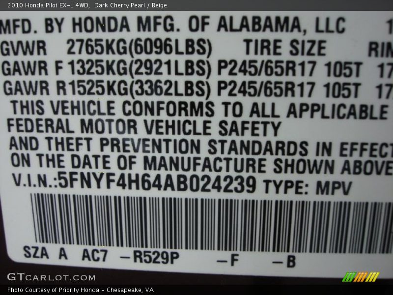 Dark Cherry Pearl / Beige 2010 Honda Pilot EX-L 4WD