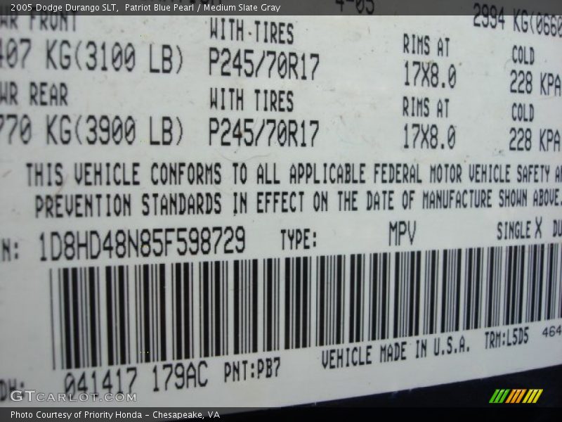 Patriot Blue Pearl / Medium Slate Gray 2005 Dodge Durango SLT