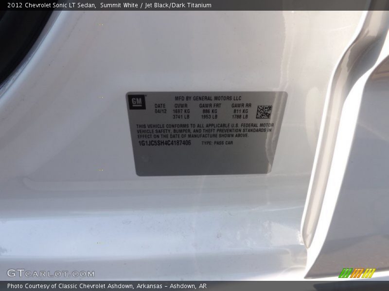Summit White / Jet Black/Dark Titanium 2012 Chevrolet Sonic LT Sedan