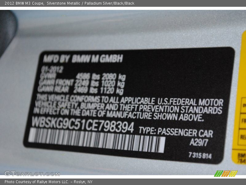 Info Tag of 2012 M3 Coupe