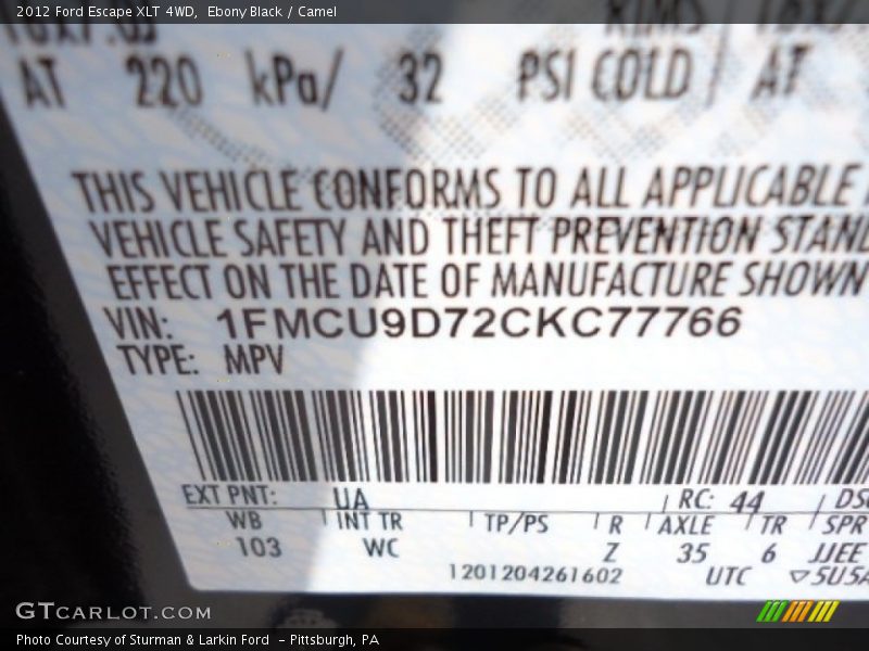 Ebony Black / Camel 2012 Ford Escape XLT 4WD