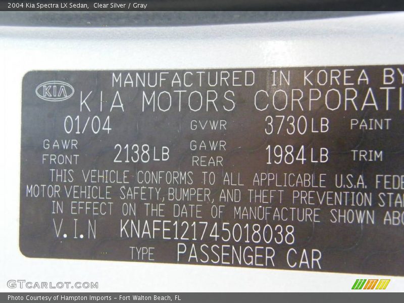 Clear Silver / Gray 2004 Kia Spectra LX Sedan