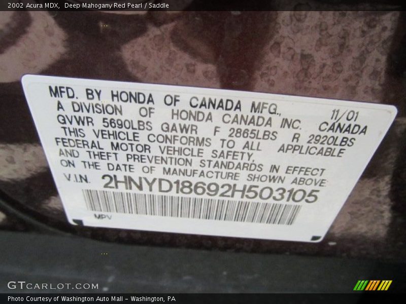 Deep Mahogany Red Pearl / Saddle 2002 Acura MDX