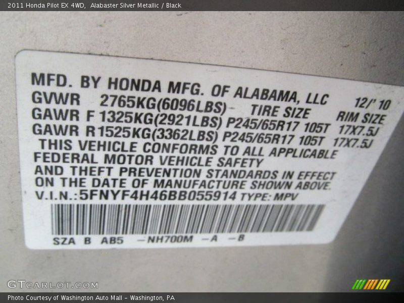Alabaster Silver Metallic / Black 2011 Honda Pilot EX 4WD